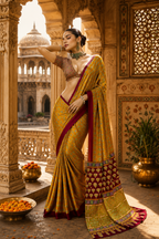 Satin Ajrakh Printed Saree With Unstitched Blouse(Yellow)