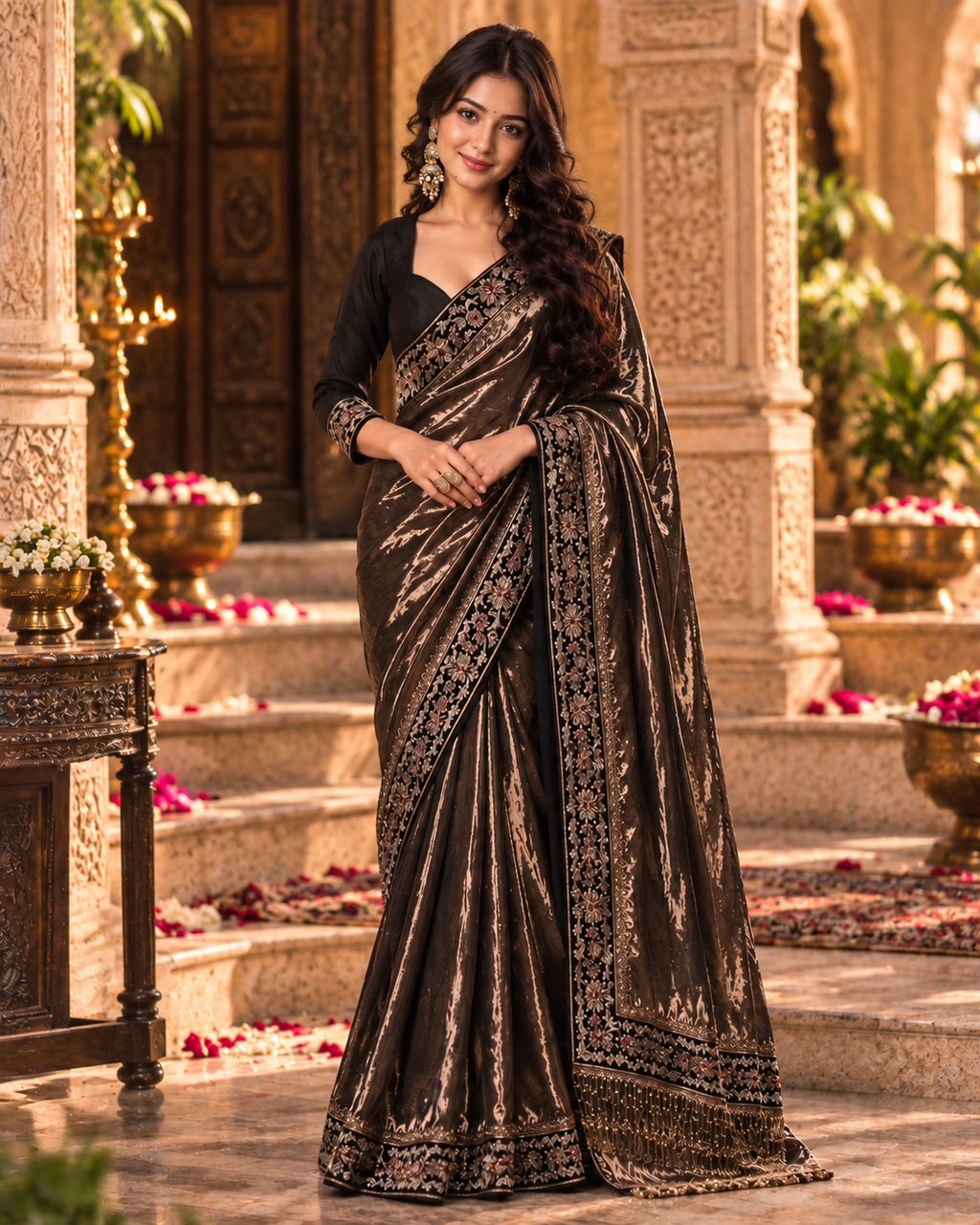 Soft Twill Net Party Wear Saree With Unstitched Blouse(Brown)