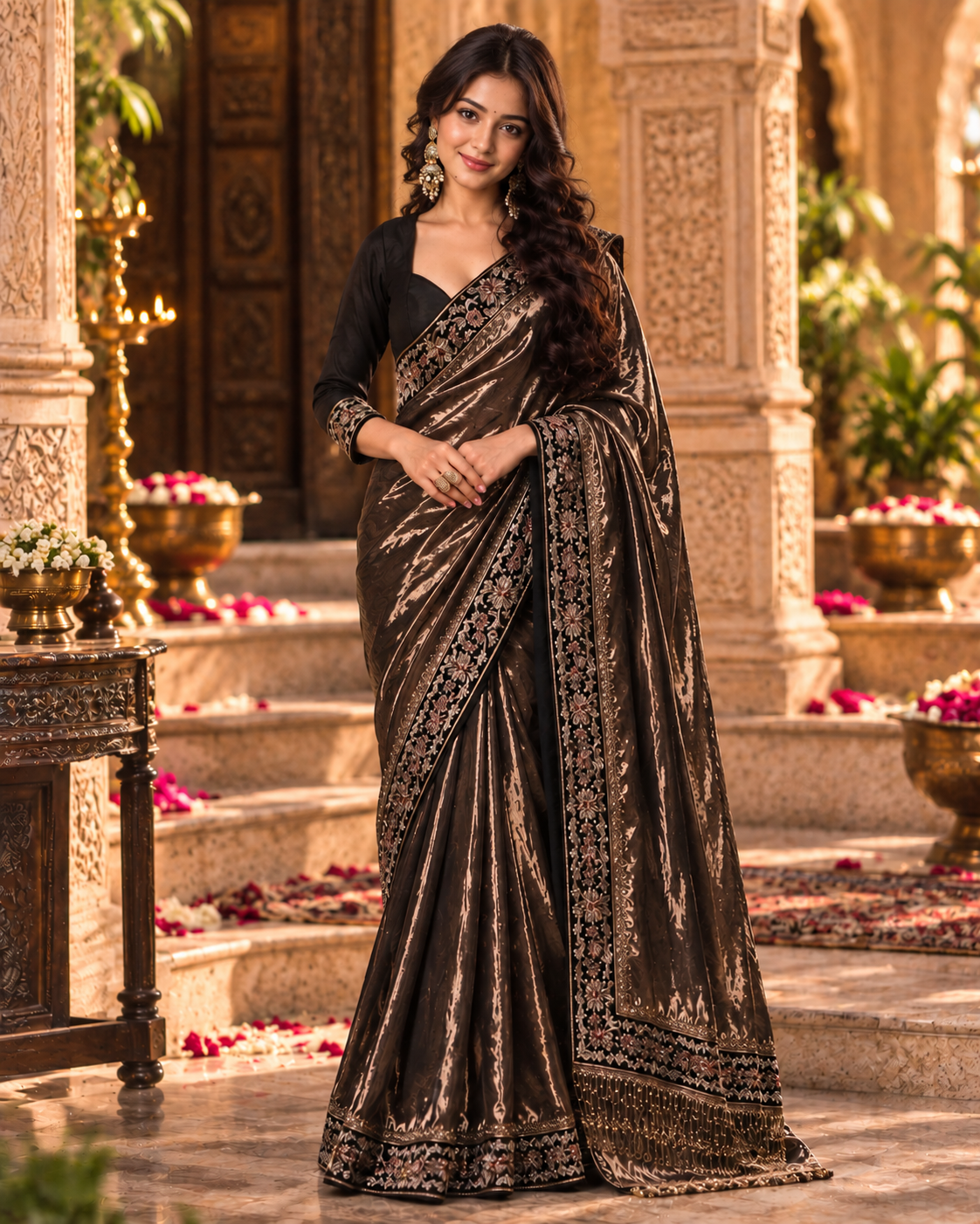 Soft Twill Net Party Wear Saree With Unstitched Blouse(Brown)