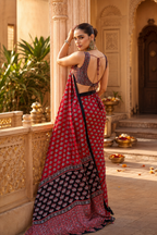 Satin Ajrakh Printed Saree With Unstitched Blouse(Red)