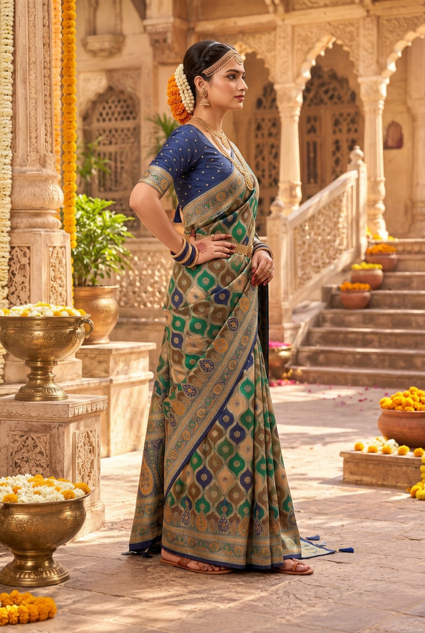 Pure Banarasi Weaving Design Saree With Unstitched Blouse(Teal)