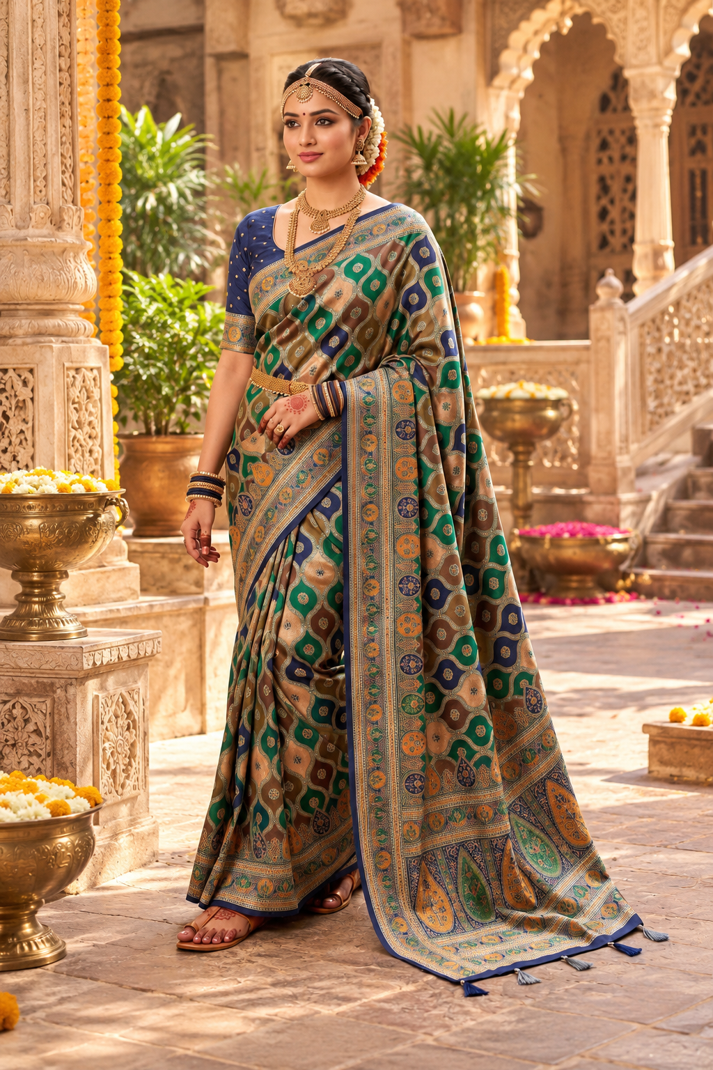 Pure Banarasi Weaving Design Saree With Unstitched Blouse(Teal)