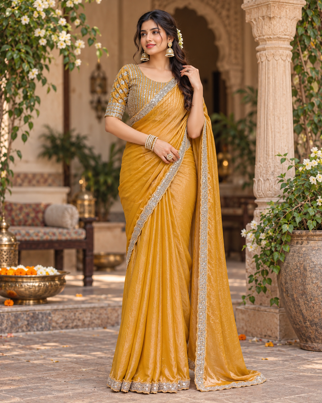 Chiffon Designer Saree With Unstitched Blouse(Mustard)