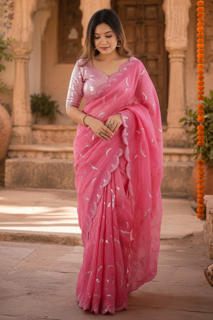 Premium Soft Crush Silk Sequin Work Saree With Unstitched Blouse(Pink)