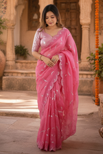 Load image into Gallery viewer, Premium Soft Crush Silk Sequin Work Saree With Unstitched Blouse(Pink)
