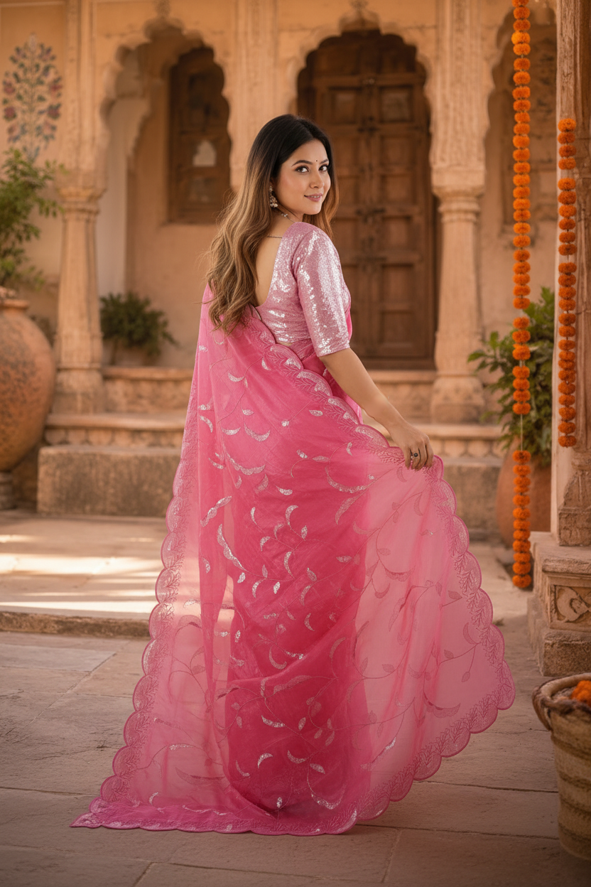 Premium Soft Crush Silk Sequin Work Saree With Unstitched Blouse(Pink)