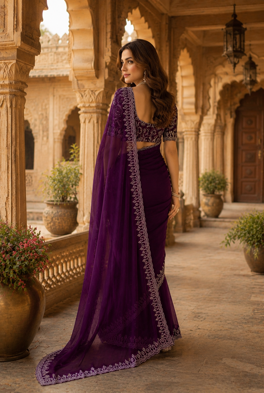 Premium Georgette Sequins Border Work Saree With Unstitched Blouse(Wine)