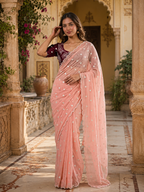 Georgette Embroidery Work Saree with Unstitched Blouse(Pink)