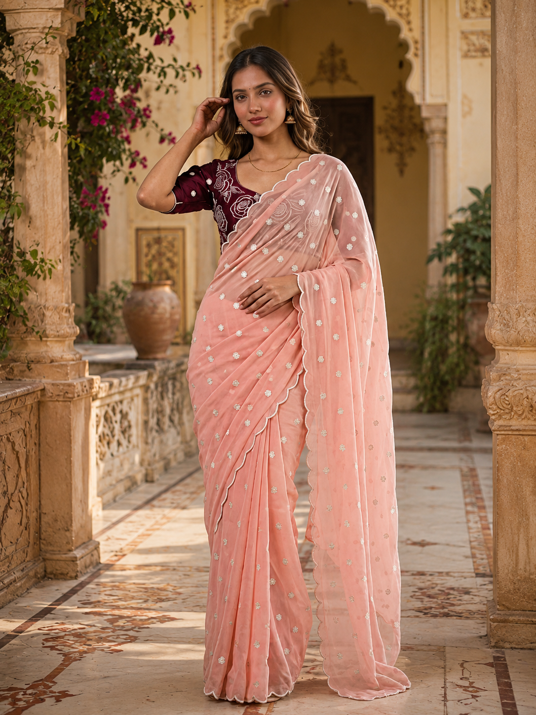 Georgette Embroidery Work Saree with Unstitched Blouse(Pink)