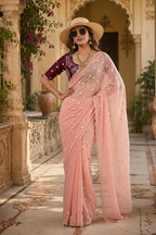 Georgette Embroidery Work Saree with Unstitched Blouse(Pink)