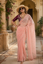 Load image into Gallery viewer, Georgette Embroidery Work Saree with Unstitched Blouse(Pink)
