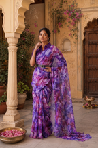 Satin Silk Floral Printed Saree With Unstitched Blouse(Lavender)