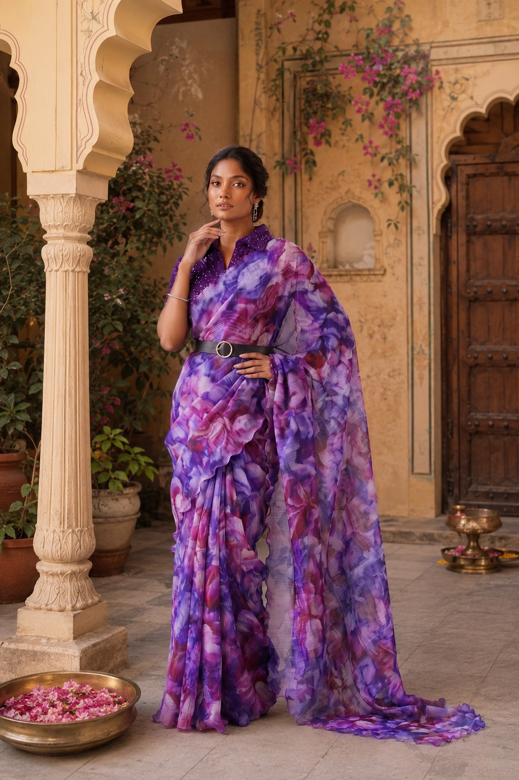 Satin Silk Floral Printed Saree With Unstitched Blouse(Lavender)