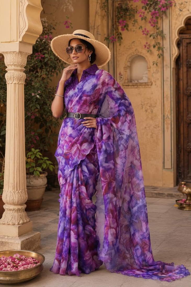 Satin Silk Floral Printed Saree With Unstitched Blouse(Lavender)
