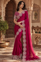 Satin Silk Embroidery Work Saree with Unstitched Blouse(Red)
