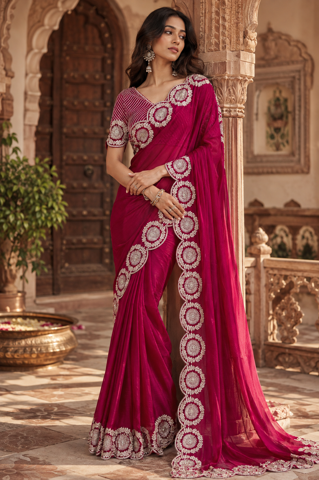 Satin Silk Embroidery Work Saree with Unstitched Blouse(Red)