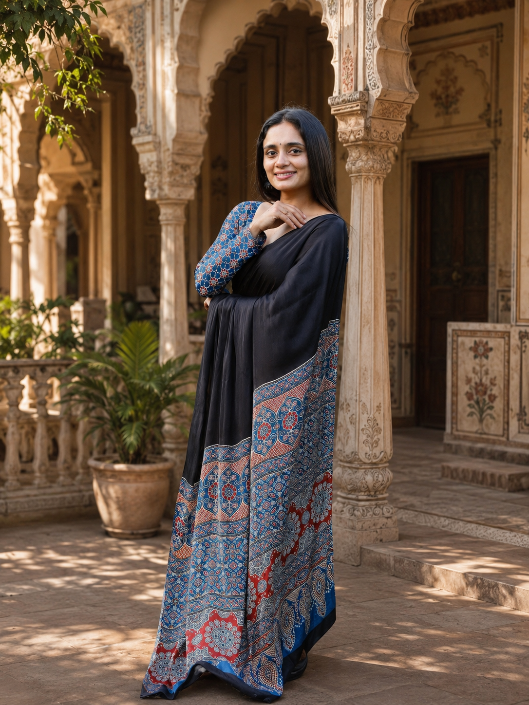 Crepe Silk Ready To Wear Saree With Unstitched Blouse(Black)