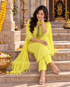 Cotton Kurti Pant Set With Dupatta(Yellow)