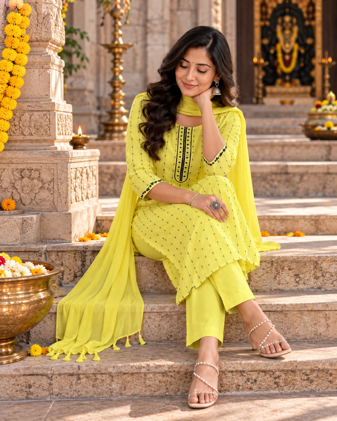 Cotton Kurti Pant Set With Dupatta(Yellow)