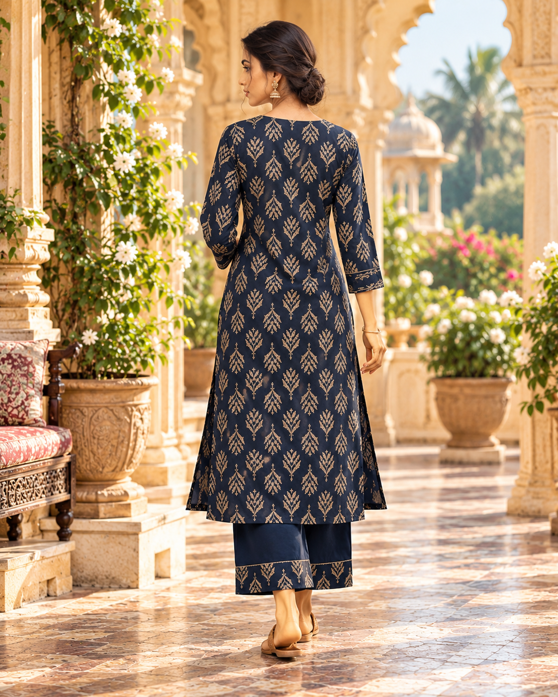 Pure Cotton Kurti Pant Two piece Set(Blue)