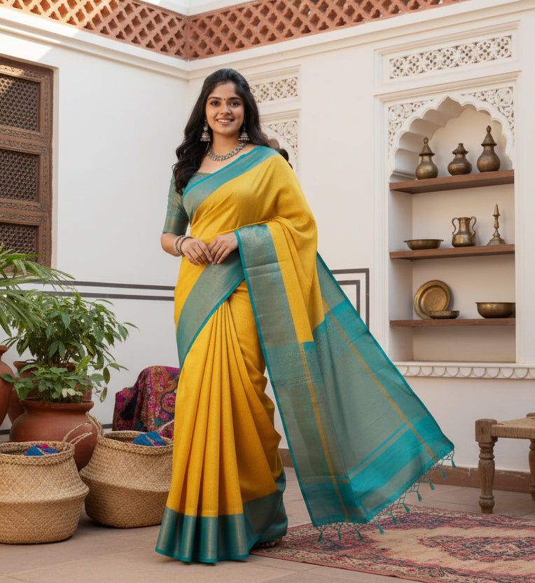 Women's Litchi silk Printed Saree With Unstitched Blouse (Yellow) Kashvii