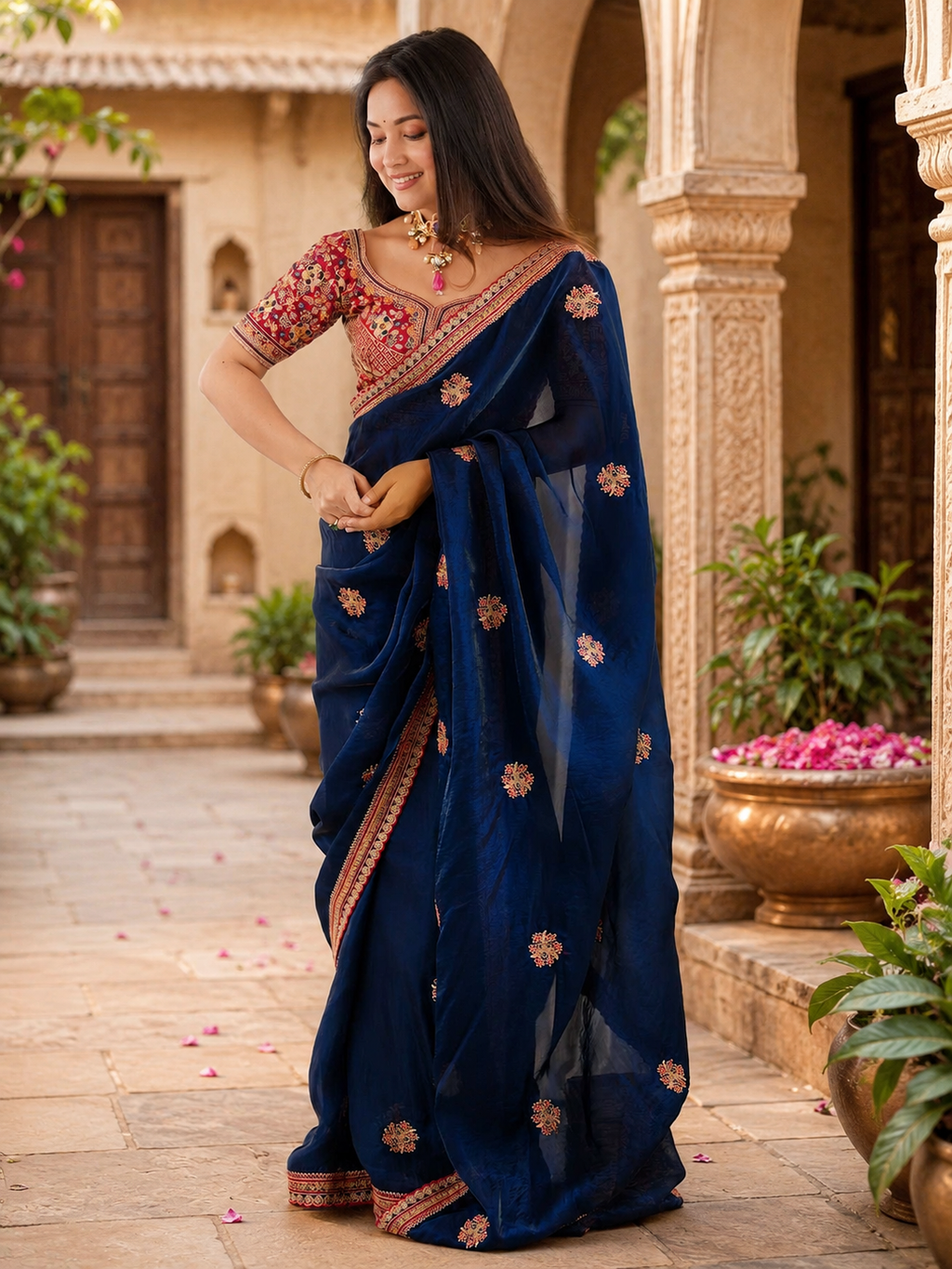 Satin Embroidery Work Saree With Unstitched Blouse(Blue)