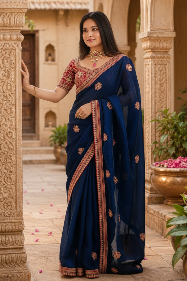 Satin Embroidery Work Saree With Unstitched Blouse(Blue)