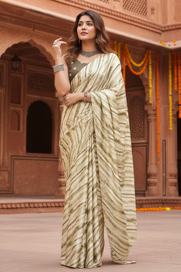 Modern Satin Silk Printed Saree With Unstitched Blouse(Green)