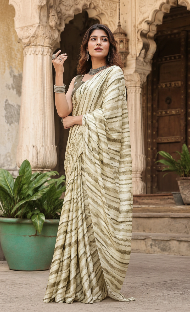 Modern Satin Silk Printed Saree With Unstitched Blouse(Green)