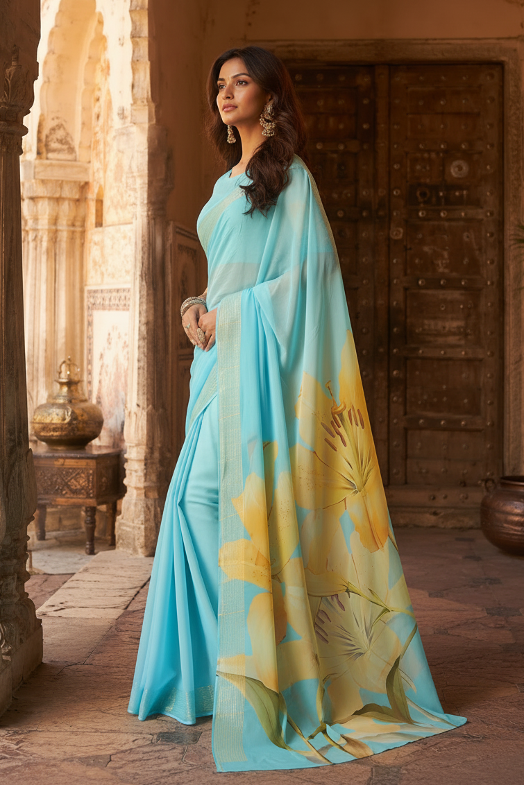 Georgette Digital Print Saree With Unstitched Blouse(Sky)
