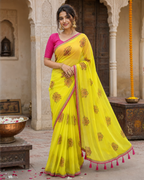 Georgette Embroidery Lace Work Saree With Unstitched Blouse(Yellow)
