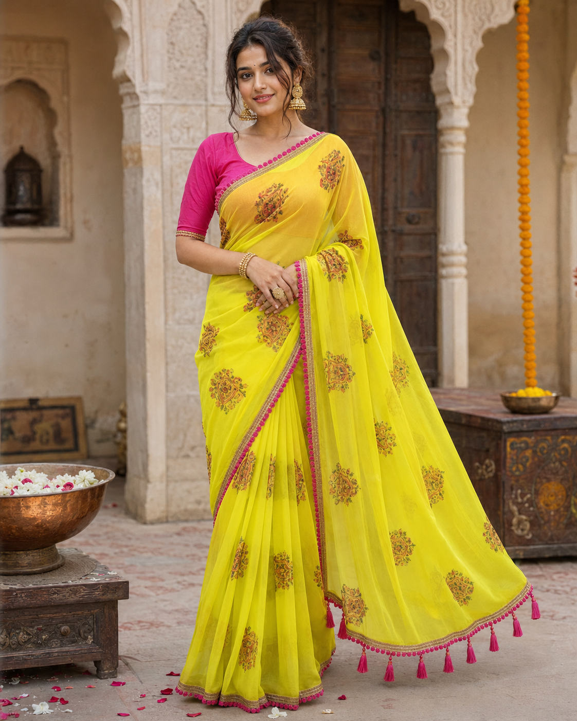 Georgette Embroidery Lace Work Saree With Unstitched Blouse(Yellow)