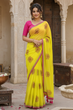 Georgette Embroidery Lace Work Saree With Unstitched Blouse(Yellow)