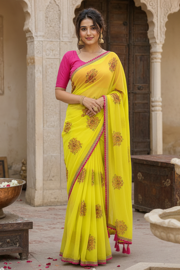 Georgette Embroidery Lace Work Saree With Unstitched Blouse(Yellow)