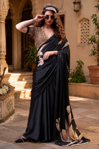 Stunning Satin Silk Floral Printed Saree With Unstitched Blouse(Black)