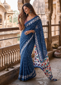 Pure Cotton Bagru Block Printed Saree With Unstitched Blouse(Blue)