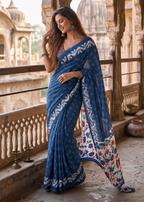 Pure Cotton Bagru Block Printed Saree With Unstitched Blouse(Blue)