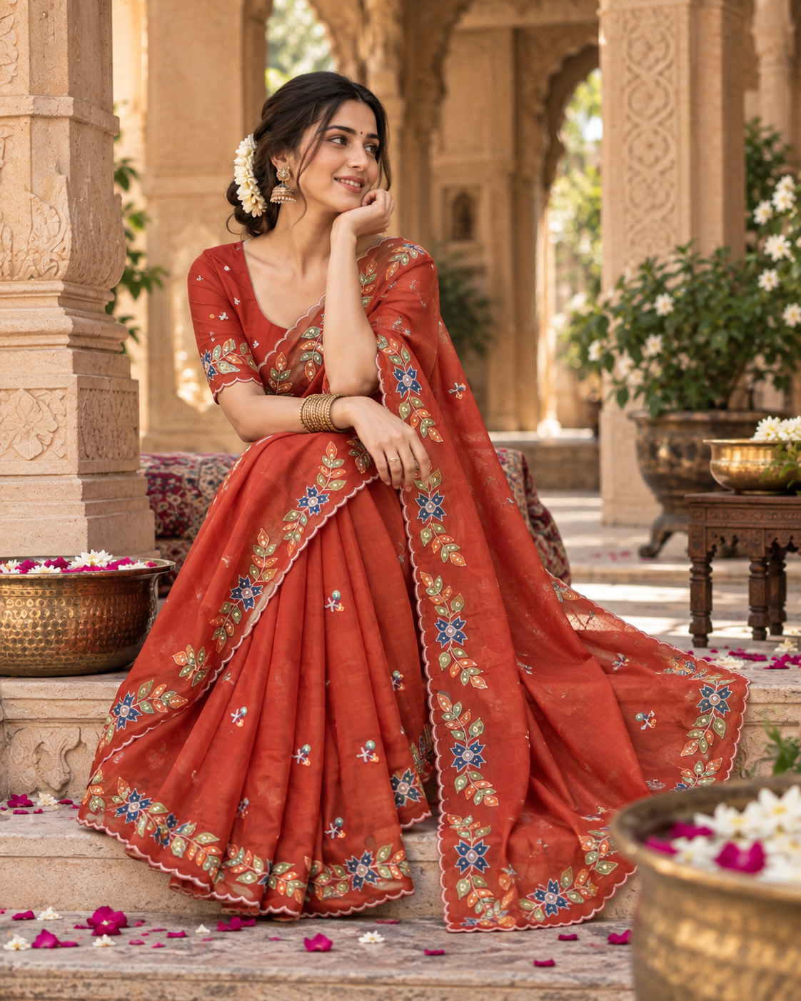 Rangoli Silk Embroidery Work Saree With Unstitched Blouse(Orange)