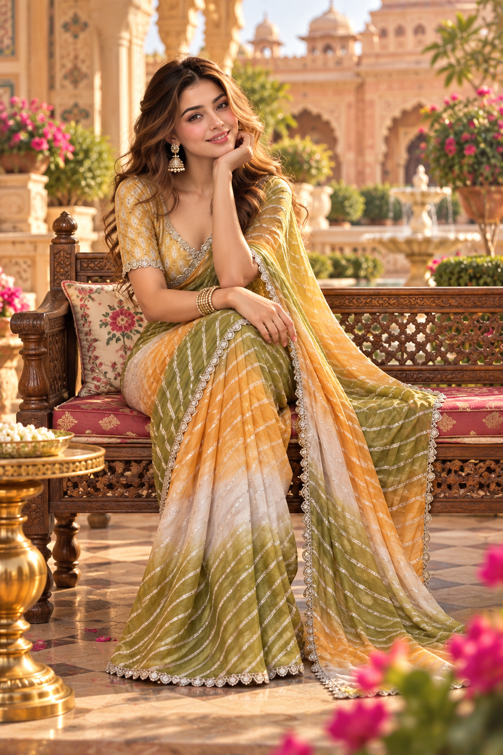 Star Space Silk Digital Print Bhungali Work Lace Border Saree With Unstitched Blouse(Mustard)
