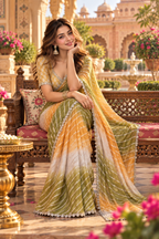 Star Space Silk Digital Print Bhungali Work Lace Border Saree With Unstitched Blouse(Mustard)