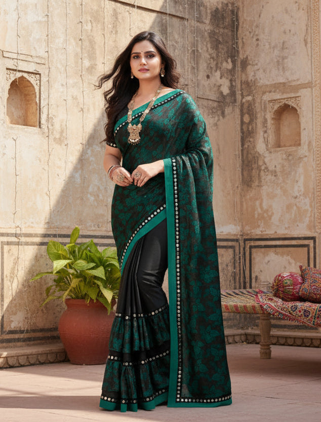 Women's Lycra Blend Saree with Blouse (Green, 5-6 Mtrs) Kashvii