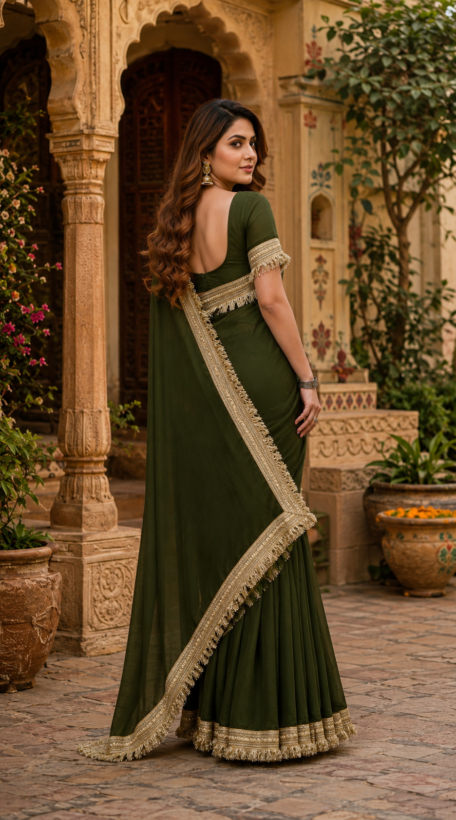 Georgette Lace Border Saree With Unstitched Blouse(Green)