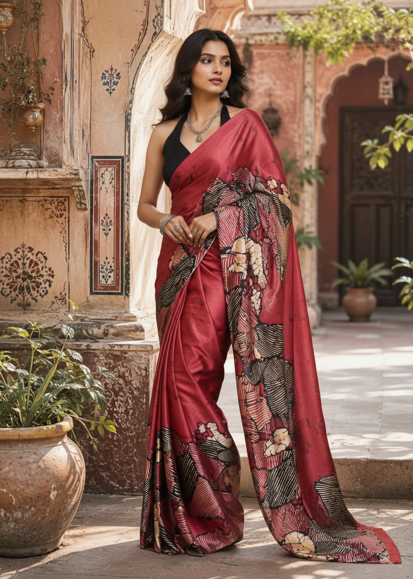 Premium Satin Silk Printed Saree With Unstitched Blouse(Red)