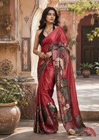Premium Satin Silk Printed Saree With Unstitched Blouse(Red)