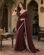 Organza Ready To Wear Saree With Unstitched Blouse(Maroon)