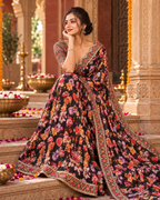 Premium Georgette Embroidery Work Saree With Unstitched Blouse(Black)