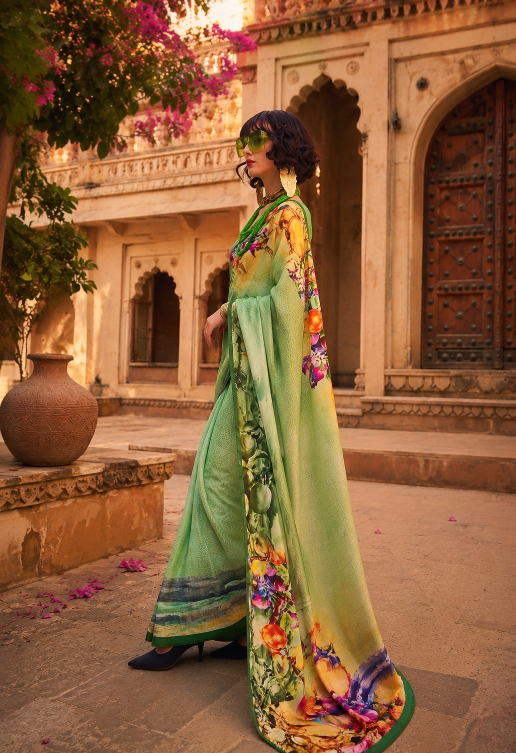 Swiss Satin Silk Digital Printed Saree With Unstitched Blouse(Green)