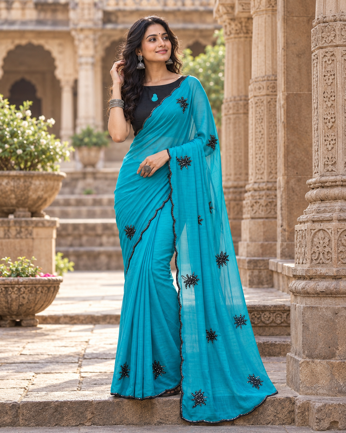Georgette Sequins Work Saree With Unstitched Blouse(Blue)