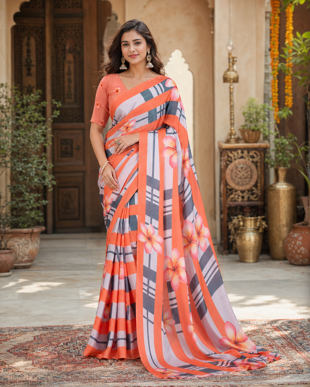 Satin Silk Printed Saree with Unstitched Blouse(Orange)