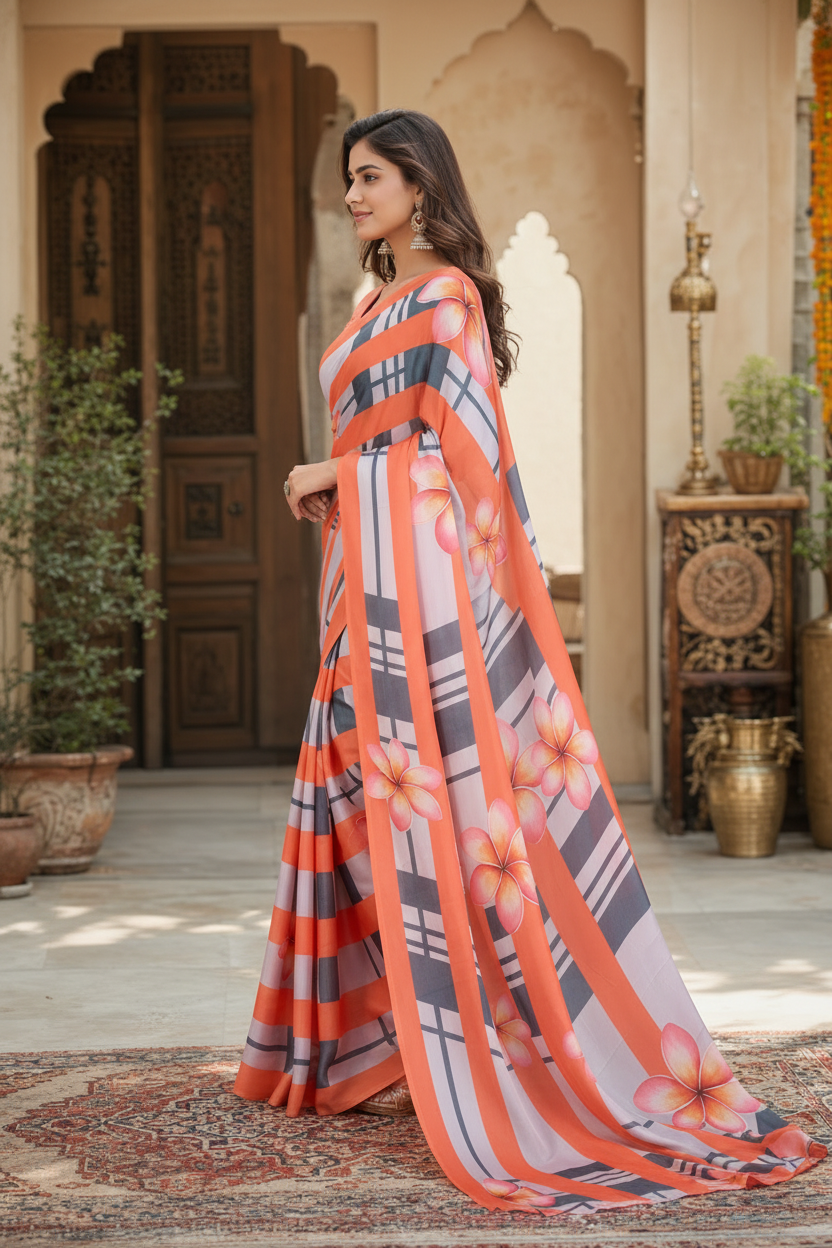 Satin Silk Printed Saree with Unstitched Blouse(Orange)